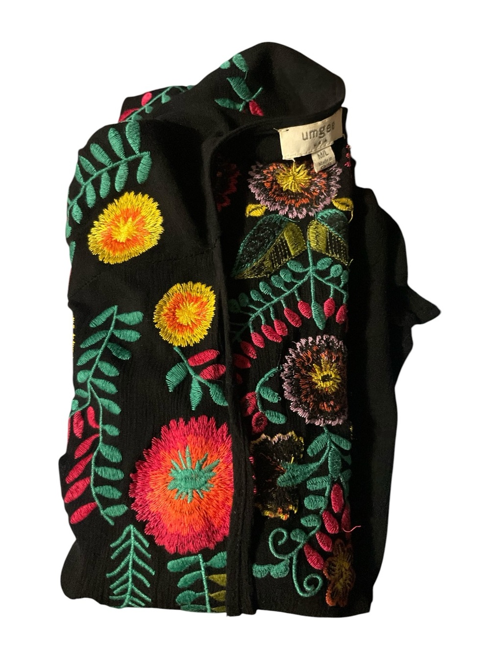 Women’s UMGEE Kimono Top Floral Embroidered black bold multi color  M/L boho - Picture 9 of 14